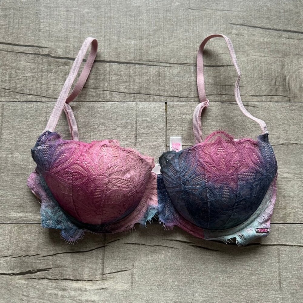 Victoria's Secret Pink Date Push-Up Underwire Balconette Bra Rainbow Ombre 32C